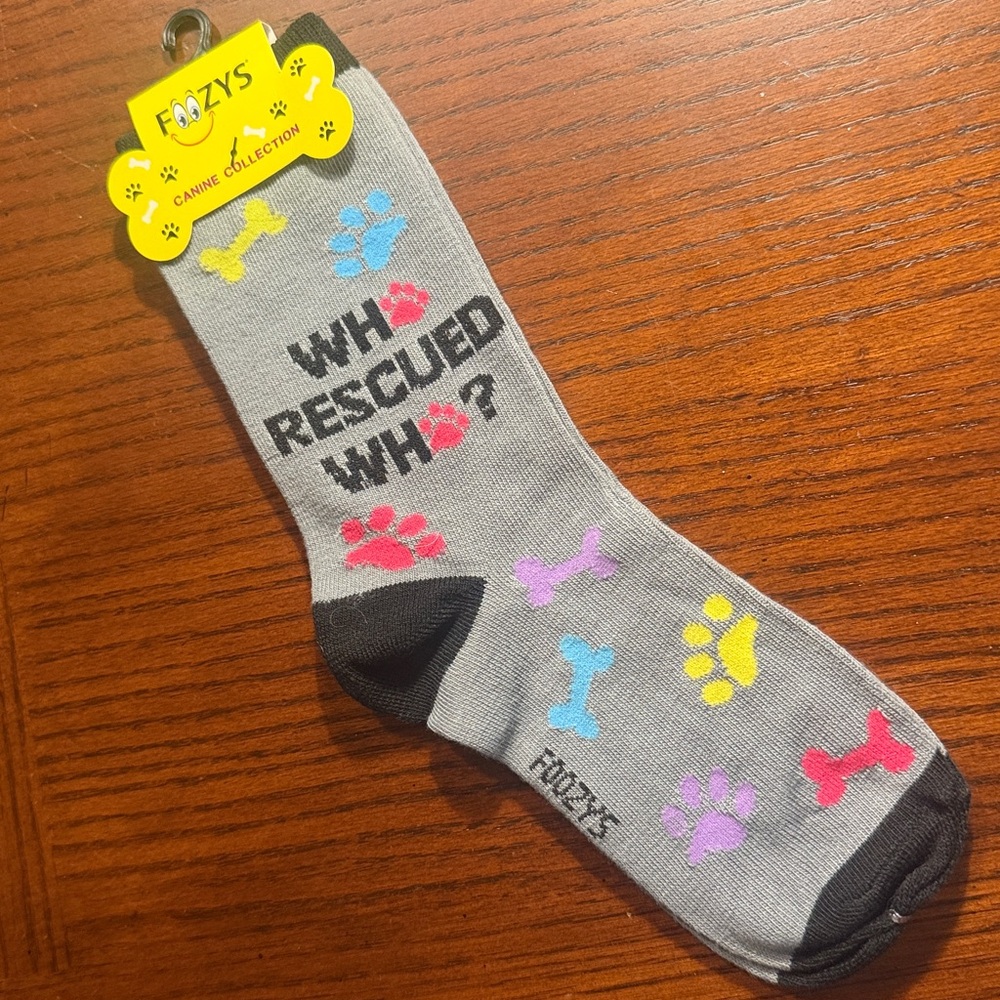 Fuzzy's Gray Socks with Colorful Paw Prints